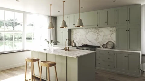 Japandi modern kitchen interior design. Decoration with green pastel counter Stock Footage 245427325