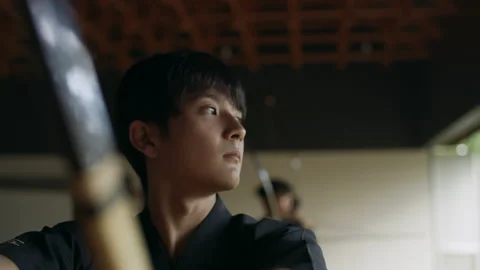 Japanese athletes practicing and training archery. Target practice. Shot on 4k R Video stock 199455259