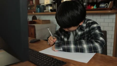 Japanese boy studying in front of computer monitor. Stock Footage 224264519