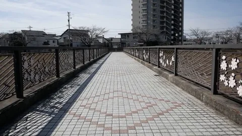 Japanese bridge with apartment Stock Footage