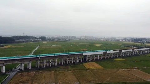 Japanese Bullet Train speeding though rice fields Stock Footage 95745623