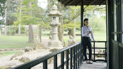 Japanese business in traditional Asian office pagoda Stock Footage