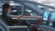 Japanese Businessman In Futuristic Autonomous Car Stock Footage