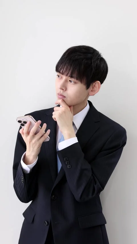 Japanese Businessman Thinking While Holding Smartphone 스톡 동영상 344202081