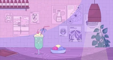 Japanese cafe interior with soda float and ice cream lofi aesthetic backgroun Illustrazione stock