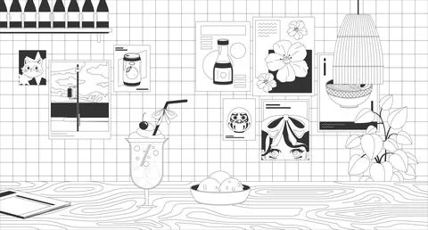 Japanese cafe interior with soda float and ice cream lo-fi linear background Stock Illustration