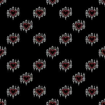 Japanese Candlestick Chart with Heart vector seamless pattern in outline styl Stock Illustration