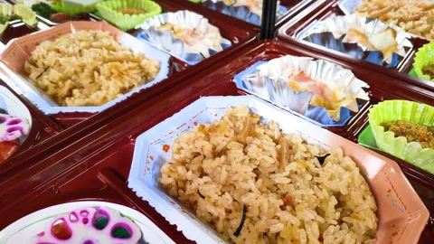 Japanese catered lunch box reflected in the mirror, rotating Stock-Footage 321622768