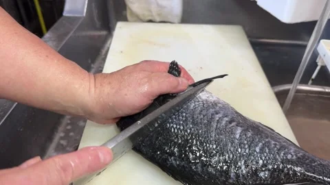 Japanese Chef Cutting Off Head of Fresh Mejina Fish, Izakaya Kitchen Japan Stock Footage 343174433