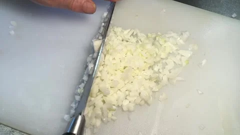 Japanese Chef Finely Mincing Onion and Gathering a Neat Pile, Izakaya Japan Stock-Footage 344368190