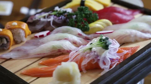 Japanese chef makes sashimi to make sushi 07 Stock Footage 145703264
