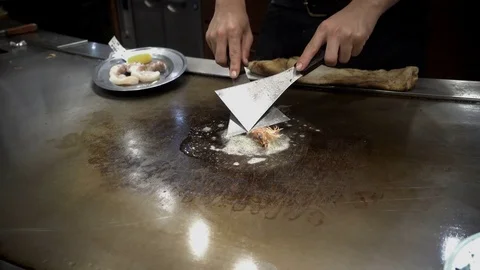 Japanese chef preparing cooking with fried shrimp Stock Footage 84884068