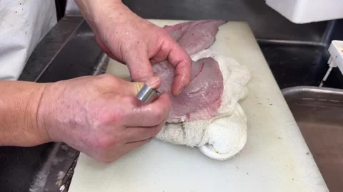 Japanese Chef Removing Pin Bones from Mejina Fillet with Tweezers, Izakaya Japan Stock Footage 343174428