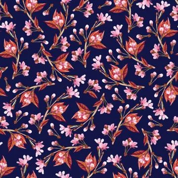 Japanese cherry pattern on dark blue. Watercolor seamless. Ideal for packaging イラスト素材