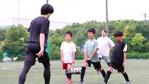 Japanese Children Warming Up with Soccer Coaches on Outdoor Field Stock-Footage 344240553