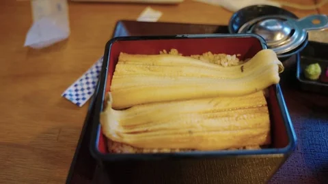 Japanese Conger Eel over Rice, Delicious Steamed Unago in Hiroshima Stock Footage 277002113