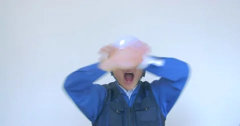 Japanese construction man looking at camera emergency red alert signal 스톡 동영상 63431395