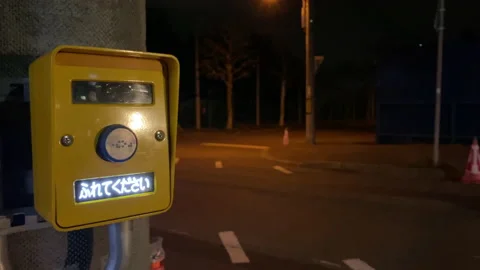 Japanese Crosswalk Pushbutton Traffic Lights with Car passing by at Night Stock Footage 145197408