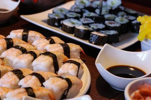 Japanese cuisine - served sushi with wasabi and soy sauce Stock Photos