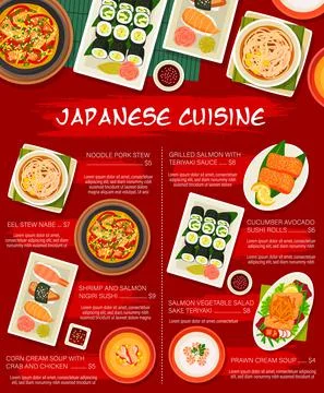 Japanese cuisine vector menu template Japan meals Stock Illustration