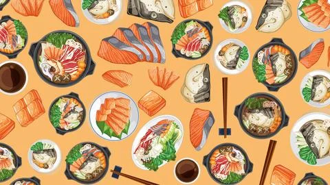 Japanese Cuisine Vector Pattern with Salmon Sashimi and Miso Soup Stock Illustration
