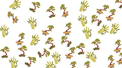 Japanese cultural pattern featuring miniature bonsai trees and green bamboo.. Illustrazione stock