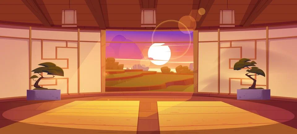 Japanese dojo interior at sunset Stock Illustration