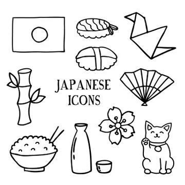 Japanese doodle icons set, vector color illustration Stock Illustration