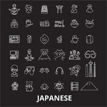 Japanese editable line icons vector set on black background. Japanese white Stock Illustration