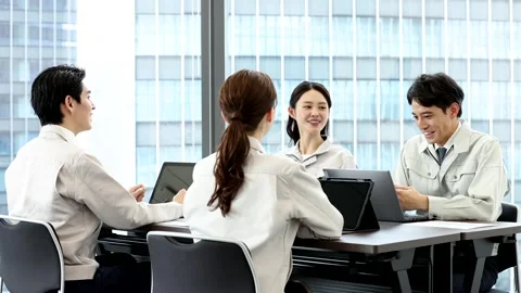Japanese Factory Workers Having Team Meeting in Modern Office Stock-Footage 344236121