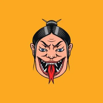 Japanese female geisha with snake tongue. Screaming Scary woman. Chinese Stock Illustration