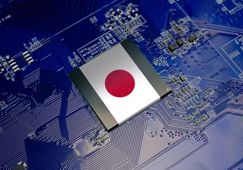 Japanese flag on CPU operating chipset computer electronic circuit board, R.. Stock-Illustration