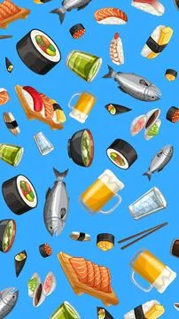 Japanese Food Vector Pattern with Sushi Sashimi and Beer Mugs Stockillustratie