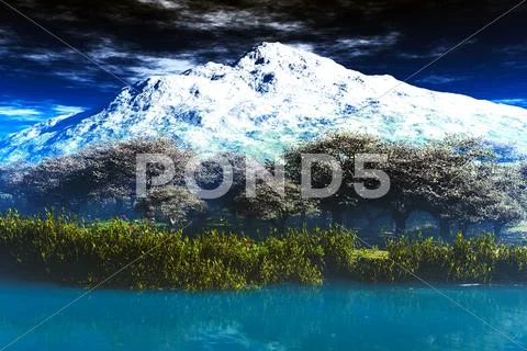 Japanese Garden and the Mountain Stock Illustration