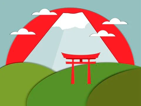Japanese gate on a background of mountains. Vector illustration of paper. Stock-Illustration