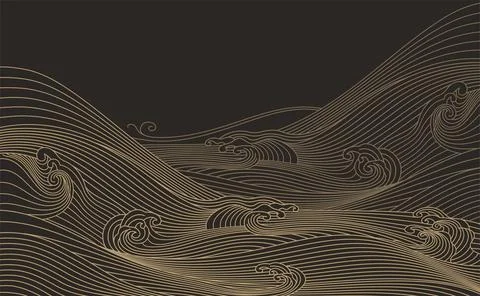 Japanese gold wave background vector. Hand drawn wave lines in traditional .. Stock Illustration