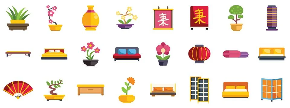 Japanese interior design elements featuring plants, furniture, and traditio.. Stock Illustration