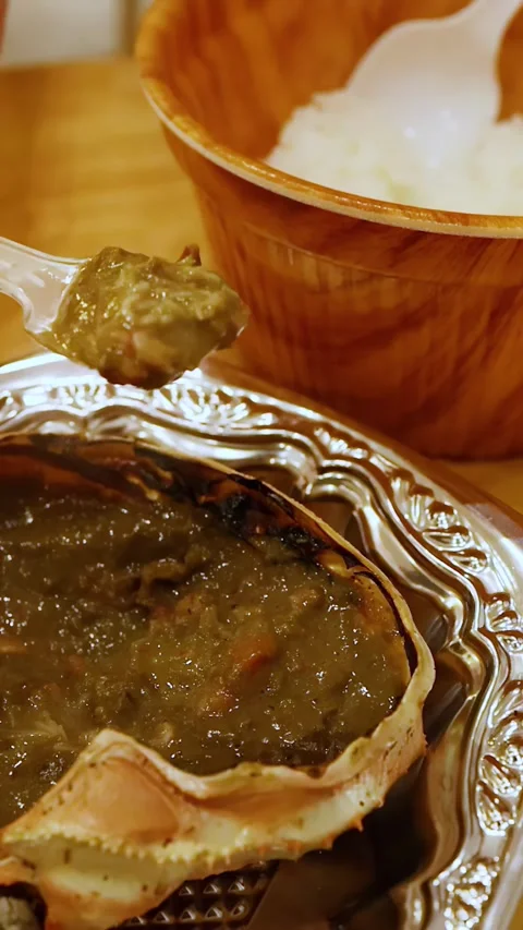 Japanese Kani Miso Crab Paste Served Over White Rice in Osaka Video stock 331407316