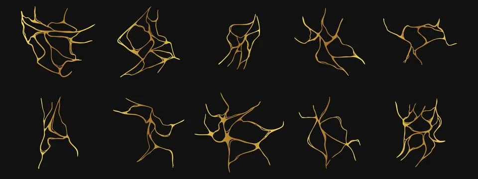 Japanese kintsugi crack elements. Abstract golden shapes for wall art, post.. Ilustración de archivo
