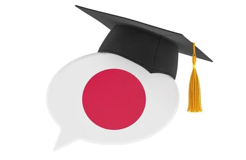 Japanese language speech bubble with graduation cap. 3D rendering Stock Illustration