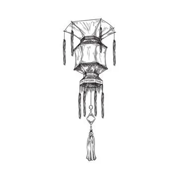 Japanese lantern with decorative elements hand drawn sketch. Stock Illustration
