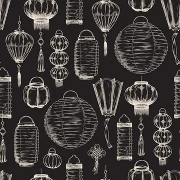 Japanese lanterns seamless pattern, hand drawn sketch vector illustration. 스톡 일러스트