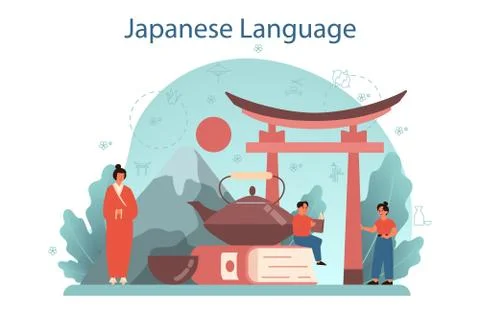 Japanese learning concept. Language school japanese course. Study Illustrazione stock
