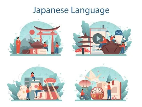 Japanese learning concept set. Language school japanese course. Stock Illustration