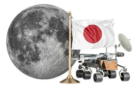 Japanese Lunar Exploration Program. Planetary rover with Moon and Japanese .. Stock Illustration