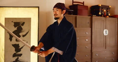 Japanese man, samurai and training with sword for martial arts, culture and Stock Footage 292415456
