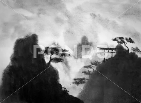 Japanese mountains and garden furniture Stock Illustration