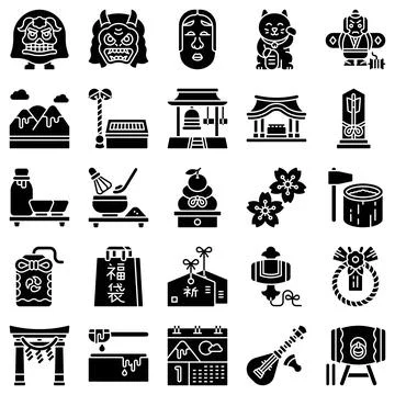 Japanese New Year related solid icon set Stock Illustration