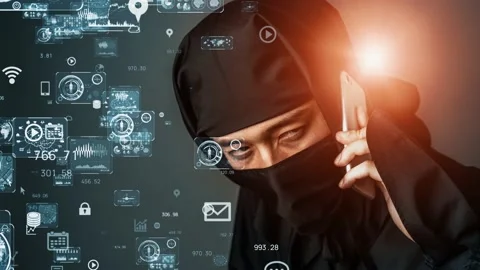 Japanese ninja using a smart phone. Industrial spy. Cyber terrorism. Stock Footage 149949119