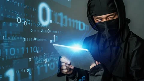 Japanese ninja using a tablet pc. Industrial spy. Cyber terrorism. Stock Footage 149949125